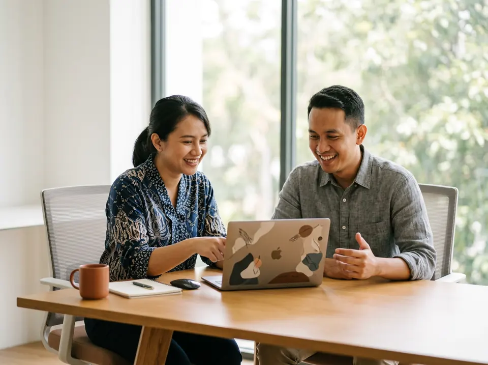 Dua rekan kerja melihat laporan di laptop