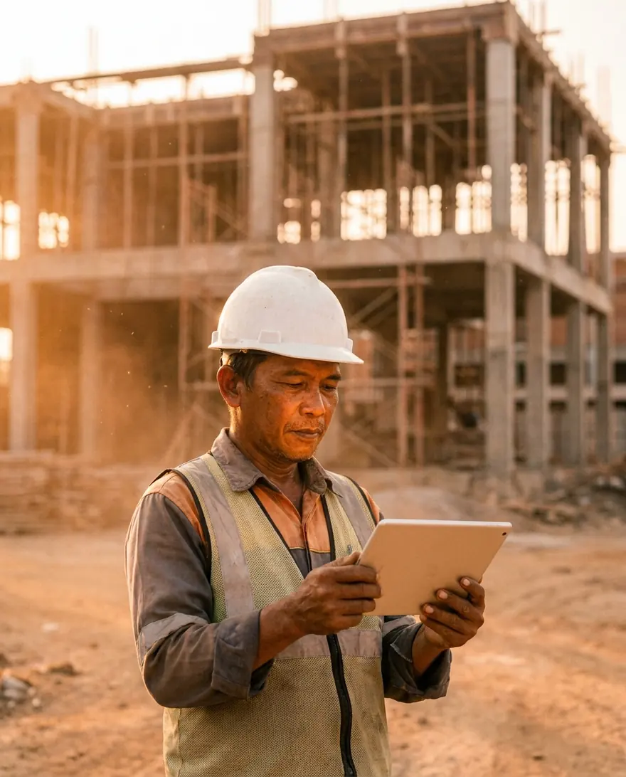 Mandor proyek memeriksa tablet di lokasi
